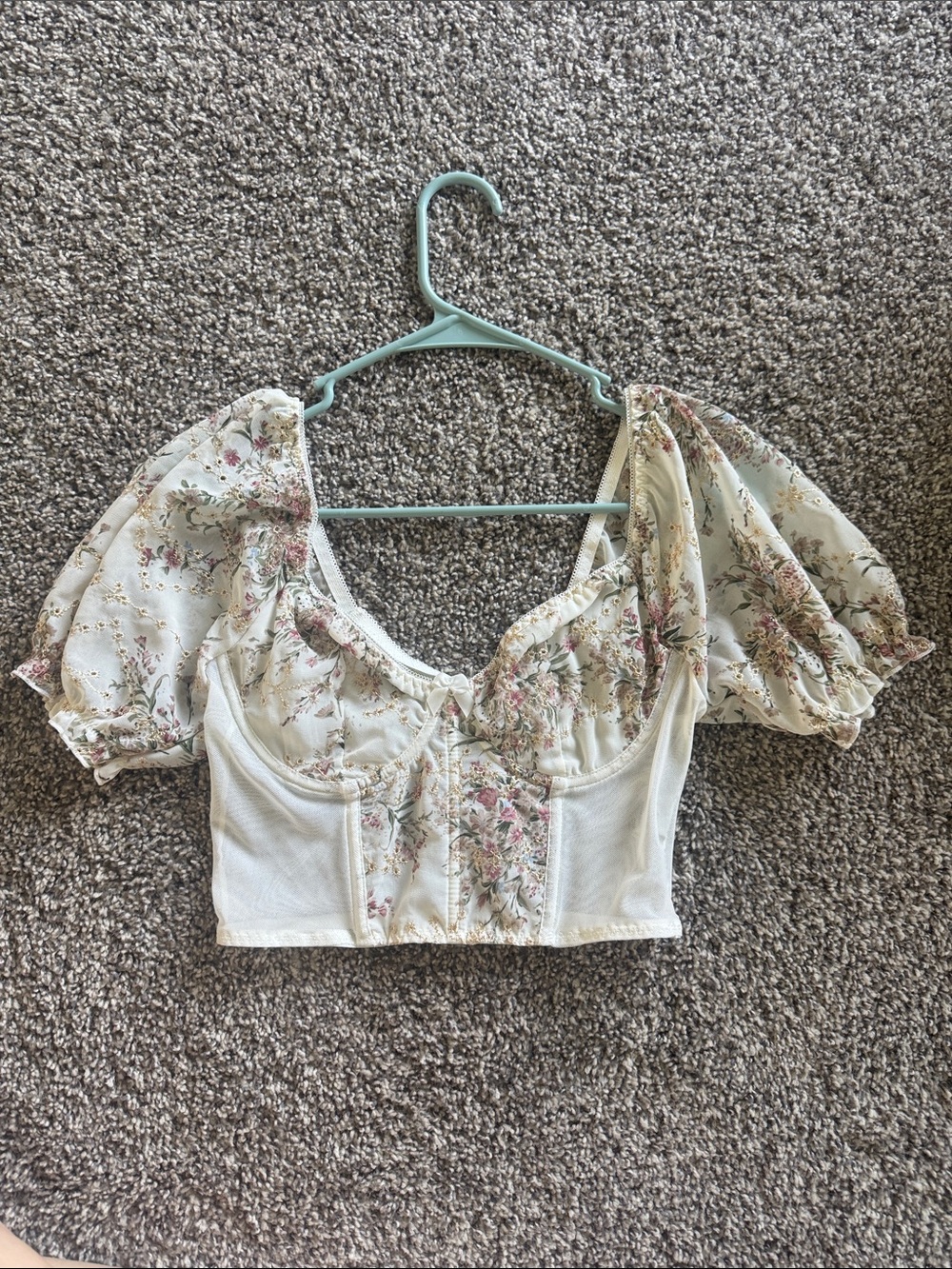 Floral Puff Sleeve Crop Top - Cream